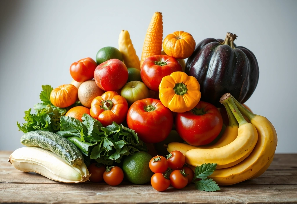 Frutas frescas y verduras vibrantes apiladas, simbolizando una dieta equilibrada y nutritiva.